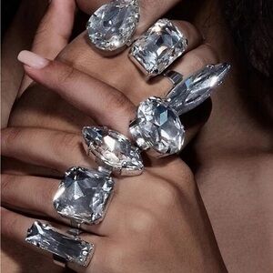 7 Piece Statement Crystal Ring Set | Silver Tone | Oversized Gem Rings Bundle